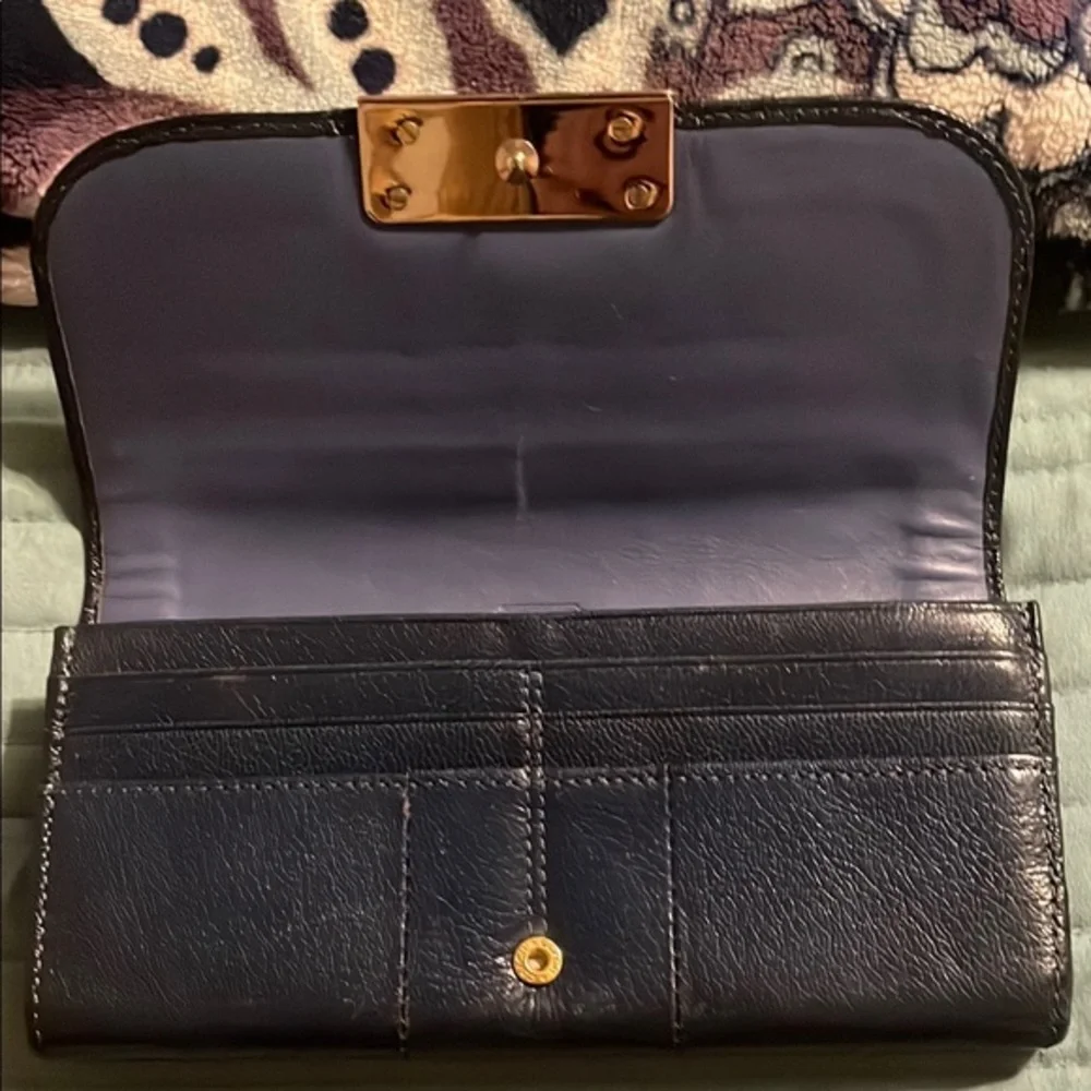 Coach Kristin Marine Blue Leather Wallet Tri-Fold Envelope Turnlock Gold Accents